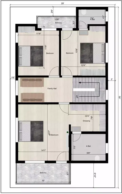 29 * 50 house plan with car parking south facing 1st Floor