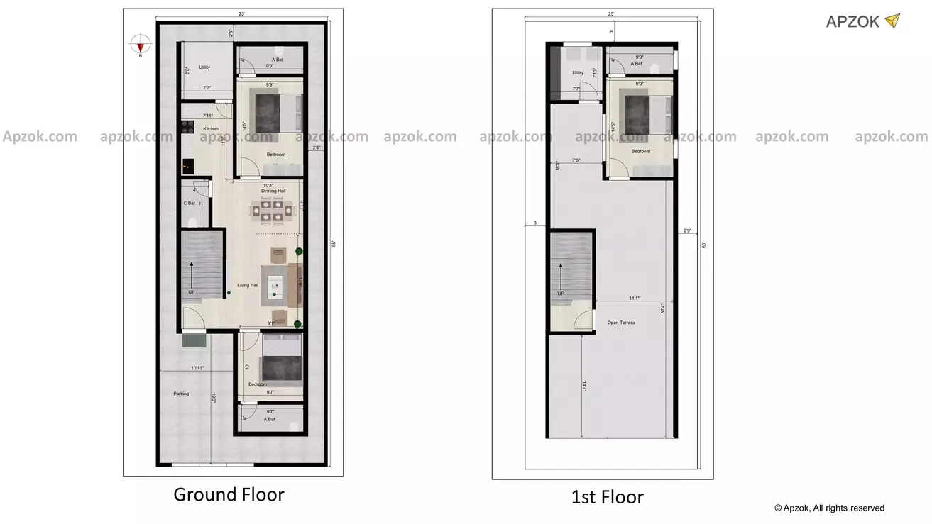 3 bedroom house plan 25 x 65 plot