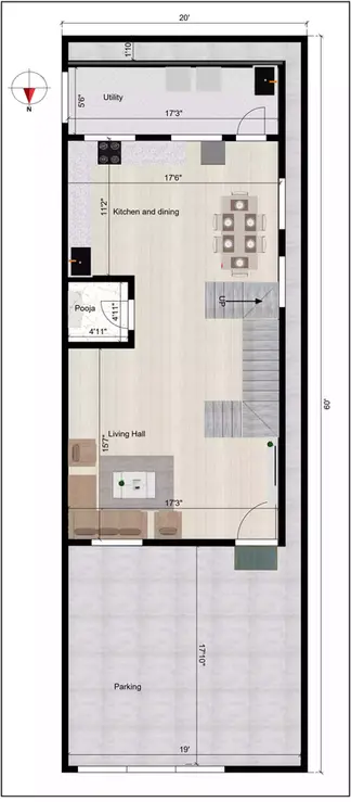 20 60 house plan with car parking north-facing duplex plan with G+3 floors Ground Floor Plan