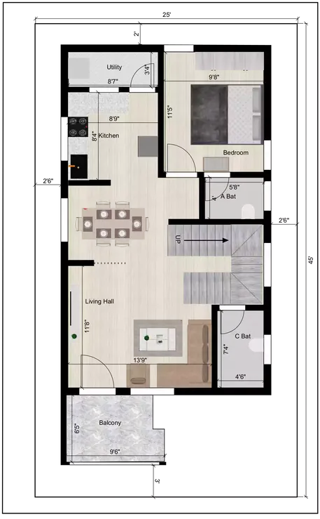 25 * 45 duplex house of the Residential Building 1st Floor Plan