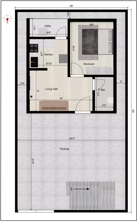 25 * 45 plot design plan of the Residential Building Ground Floor Plan