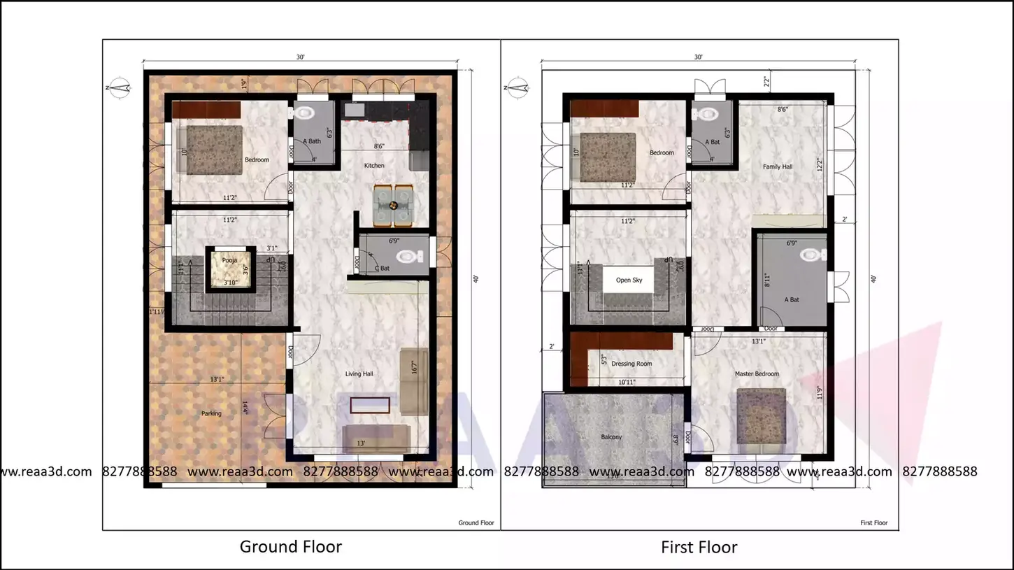 30 by 40 West facing Duplex House Plan 3BHK