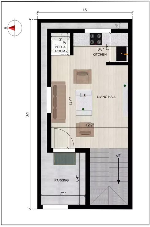 15 * 30 plot design plan 2 bedroom duplex design of the Residential Building Ground Floor Plan