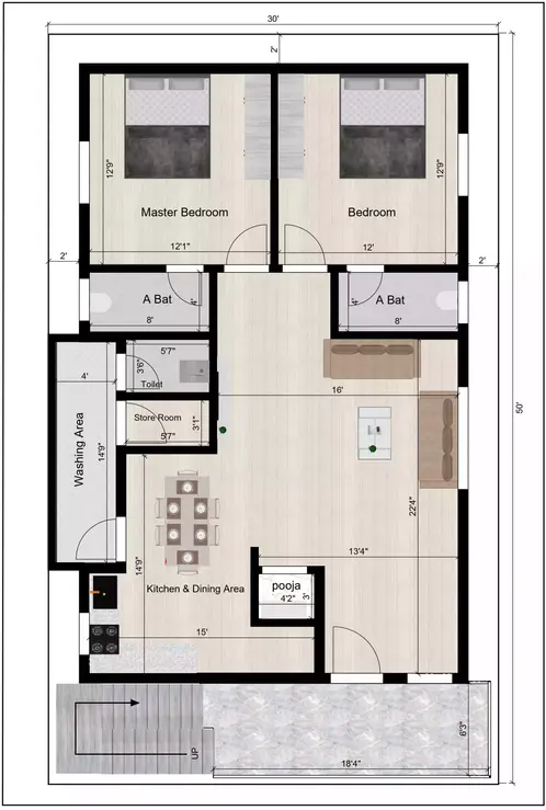 30′ × 50′ east-facing site, primarily designed for rental purposes Typical floor plan