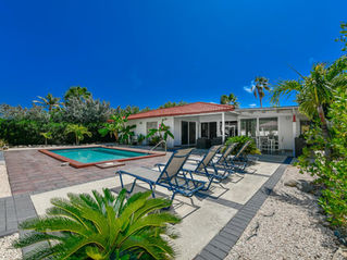 View of the pool area with tropical plants