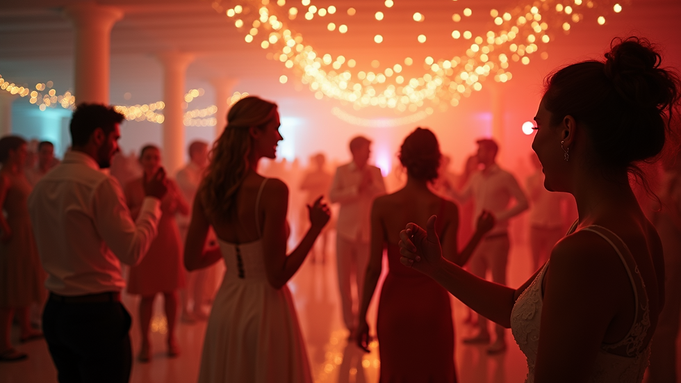 Wide angle view of a lively indoor wedding reception with guests dancing