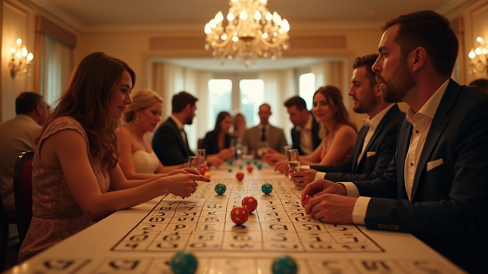 Eye-level view of a wedding party with guests playing bingo