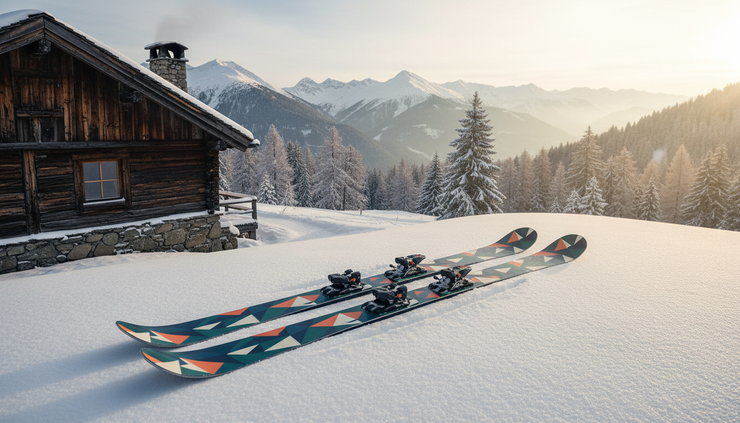 Wide-angle view of custom wrapped skis resting in fresh snow near a mountain lodge.