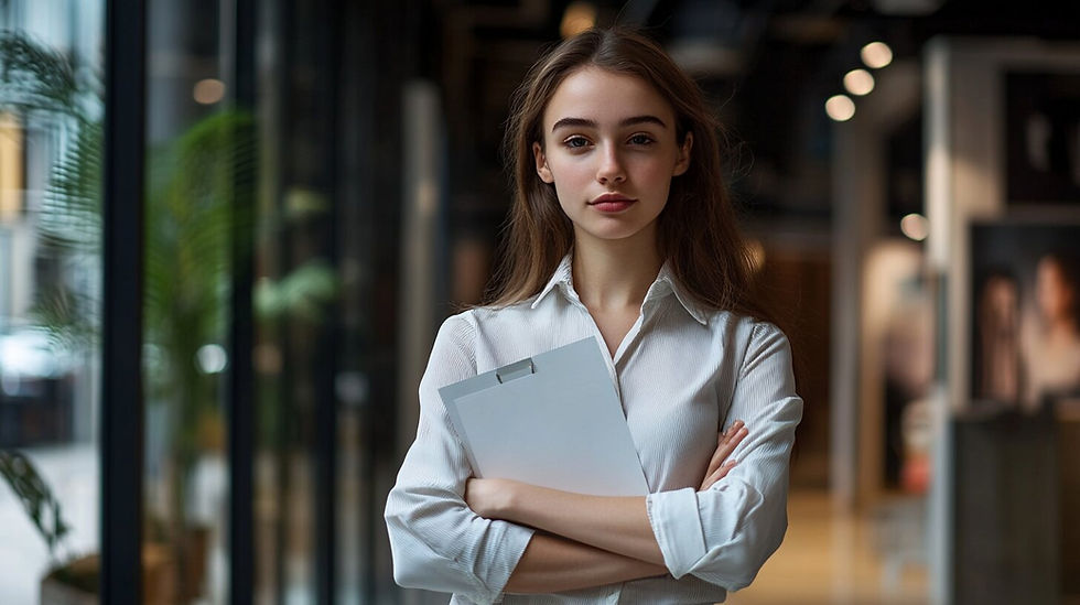 Confident young woman holding contract in modern modeling agency office, looking at camera with determined expression.
