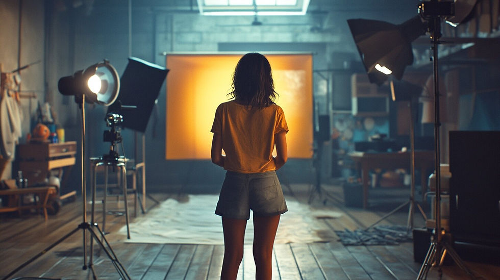 Young woman standing in a professionally equipped photo studio, looking around with anticipation and excitement.