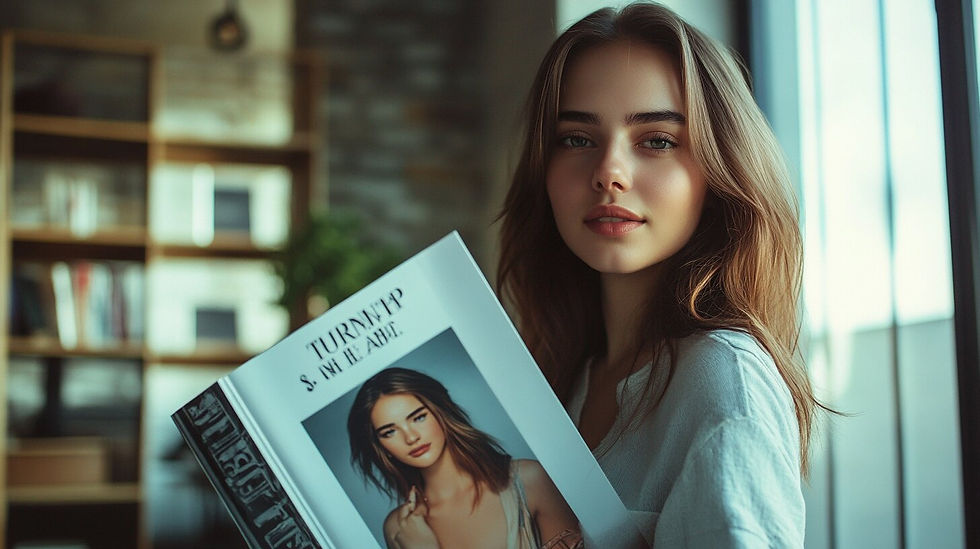 Young woman proudly holding a fashion magazine with her on the cover, standing in a stylish environment with a confident smile.