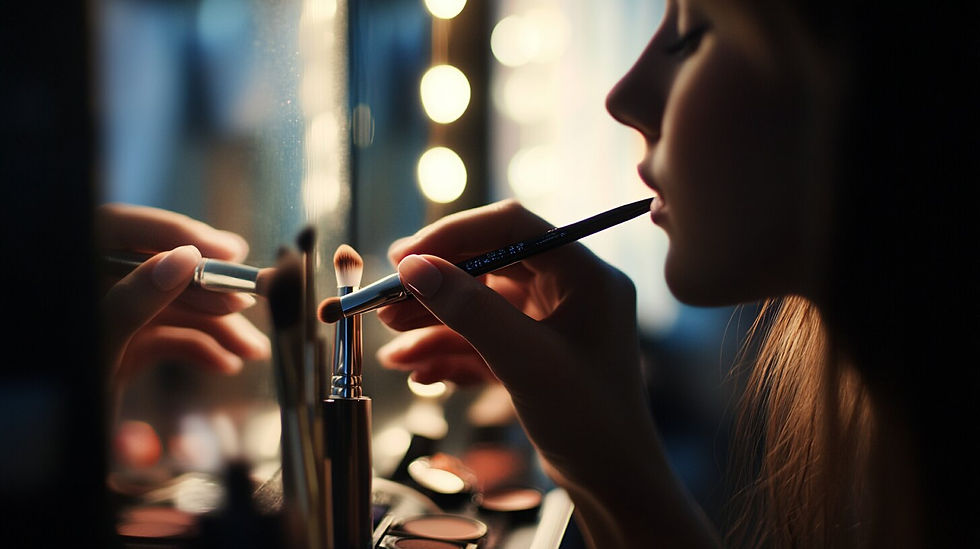 Close-up of a young woman's hands applying makeup in front of a mirror, showing attention to detail.