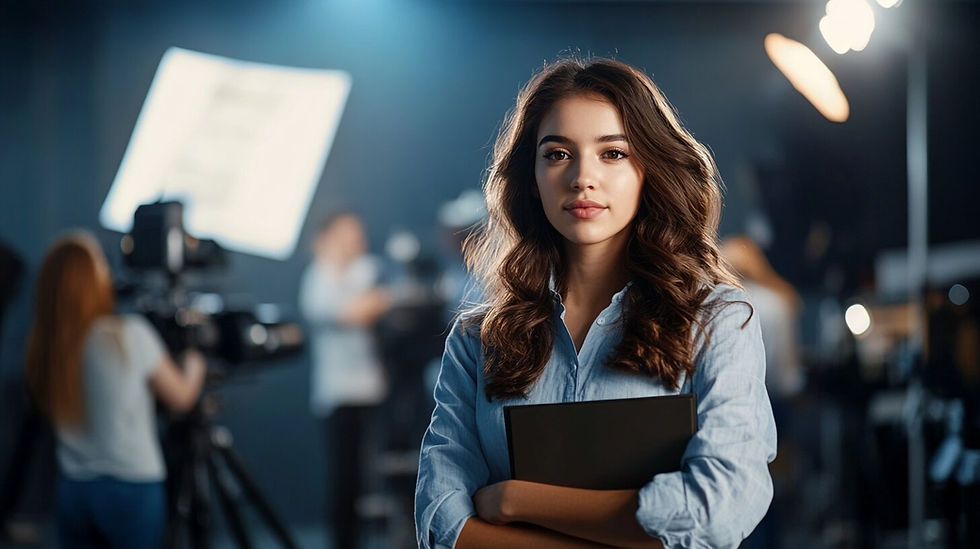 Confident young woman holding a portfolio in a photo studio, looking determined and professional.