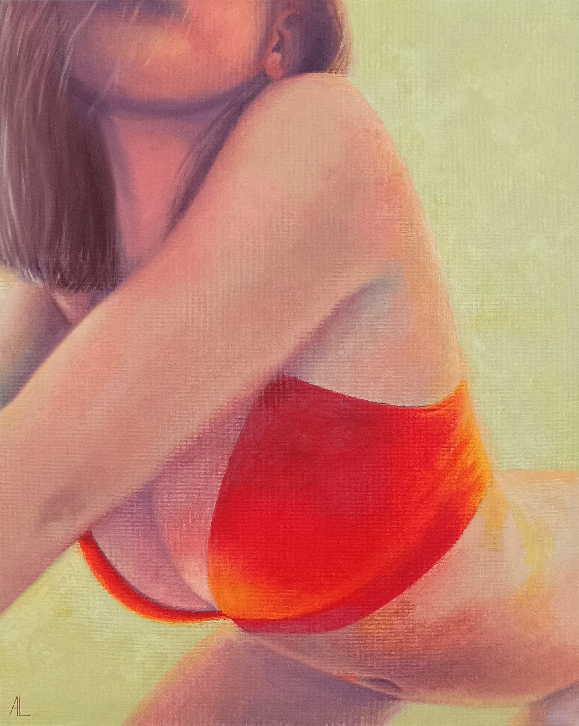 woman in red, nude, tits, push-up, passion