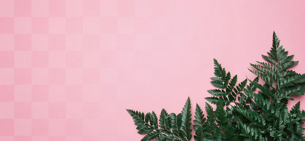 Green fern leaves on a soft pink background.