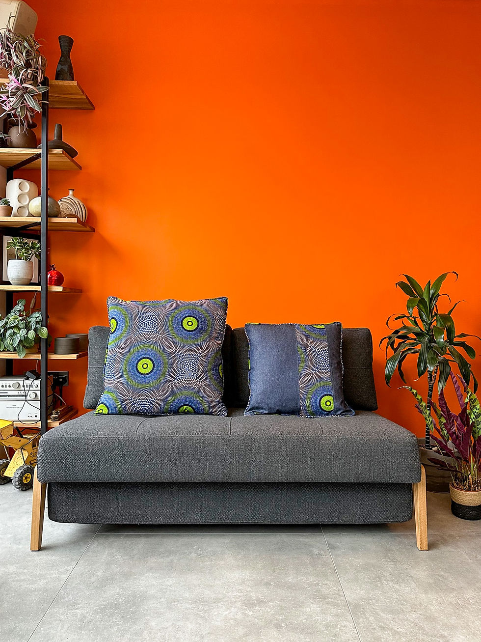 Thumbnail: Blue & green dot circle print with denim cushion cover