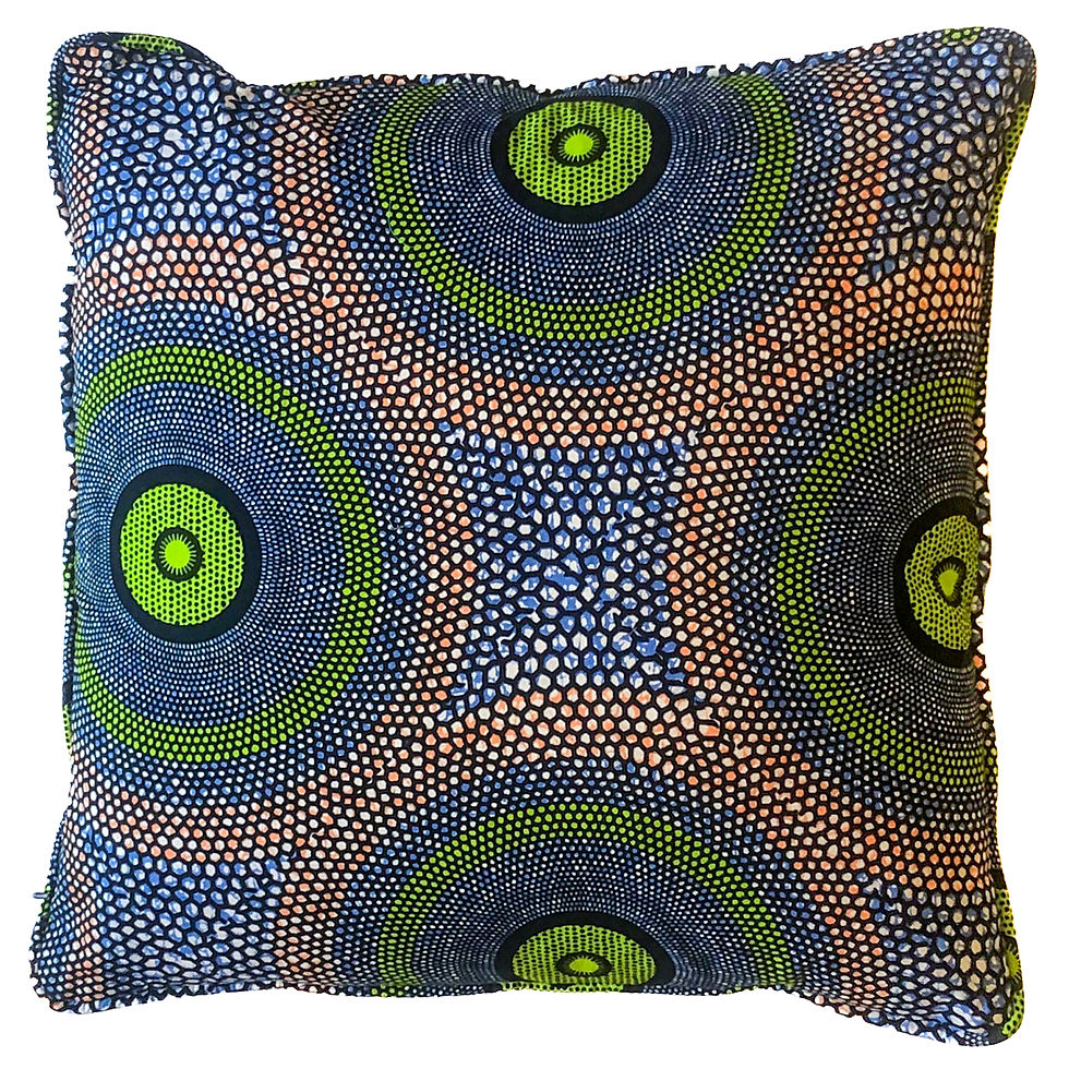 Thumbnail: Blue & green dot circle print with denim cushion cover