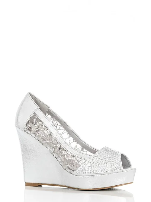 silver diamante wedges