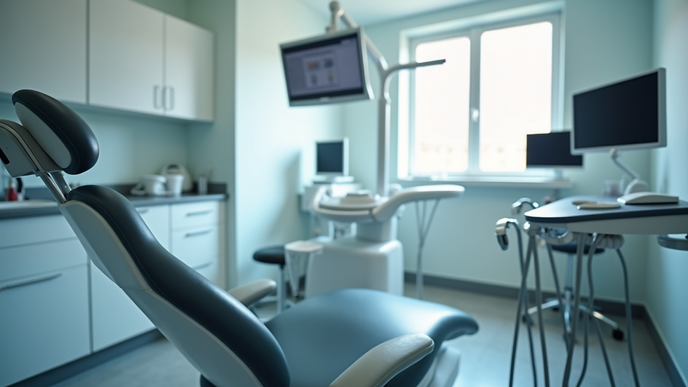 Eye-level view of a dental chair with modern equipment in a treatment room