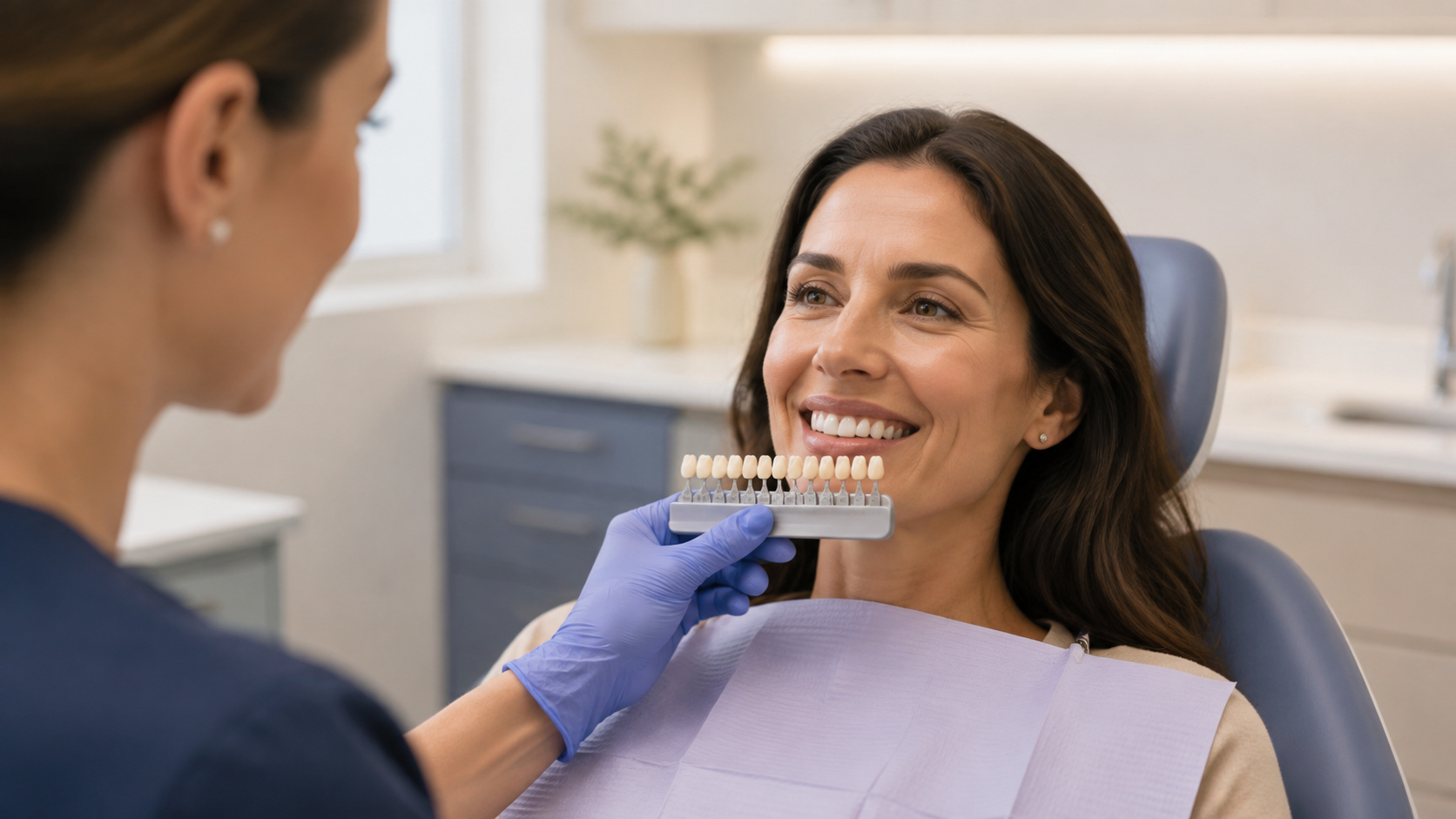 Dental shade guide used during a professional teeth whitening consultation at Allure Dental Designs