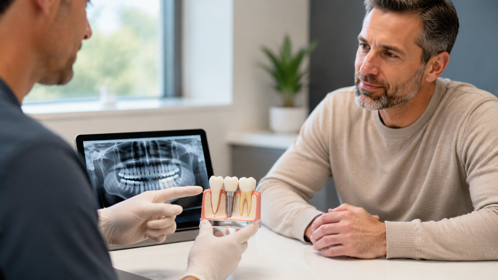 Dental implant model and diagnostic imaging discussed during an Allure Dental Designs consultation