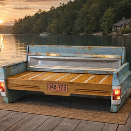 Handcrafted pickup-inspired bench featuring detailed taillights, classic truck styling, and a handcrafted wood seat. Built to order and available in the paint color of your choice, this unique bench is perfect for porches, patios, farmhouses, cabins, garages, and man caves.