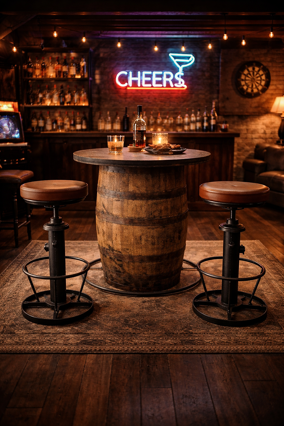 Thumbnail: whisky barrel table and stools