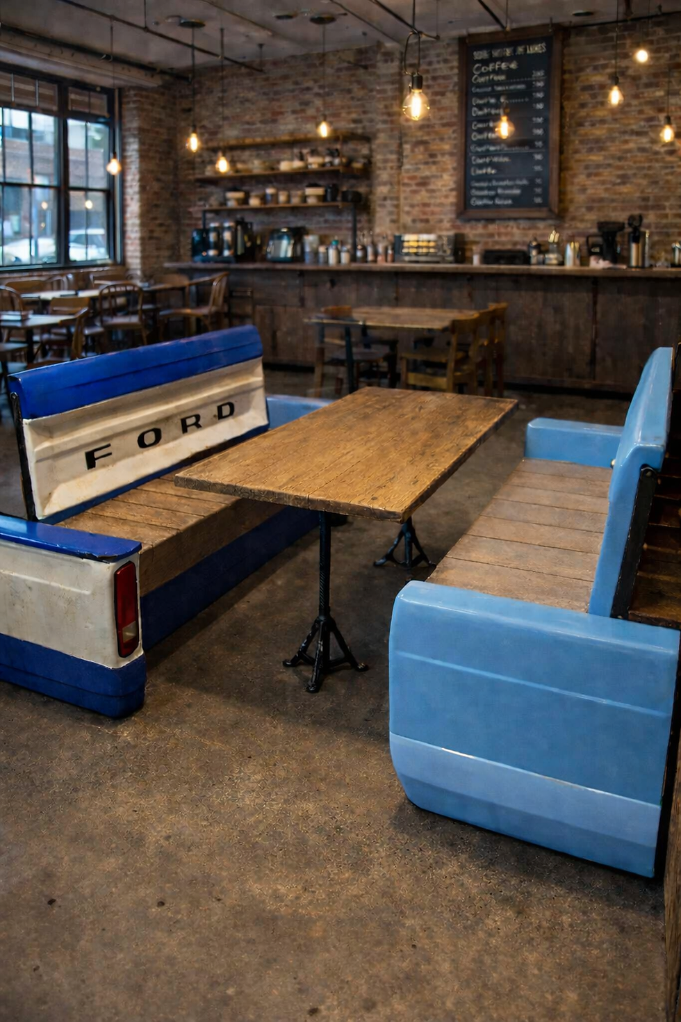 Thumbnail: Restaurant booth using tailgate benches