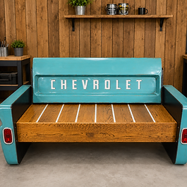 Handcrafted pickup-inspired bench featuring detailed taillights, classic truck styling, and a handcrafted wood seat. Built to order and available in the paint color of your choice, this unique bench is perfect for porches, patios, farmhouses, cabins, garages, and man caves.