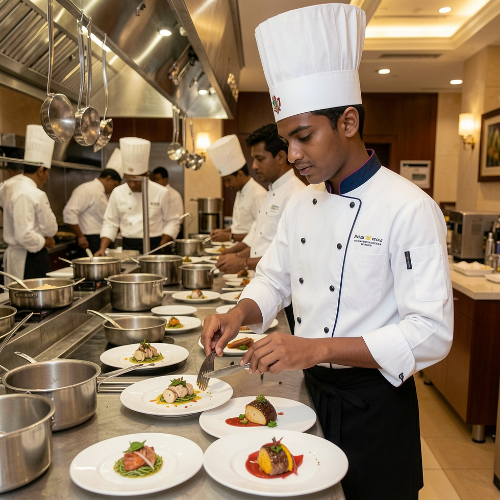 Hotel management students training in a professional kitchen, plating gourmet dishes and learning fine dining presentation techniques.