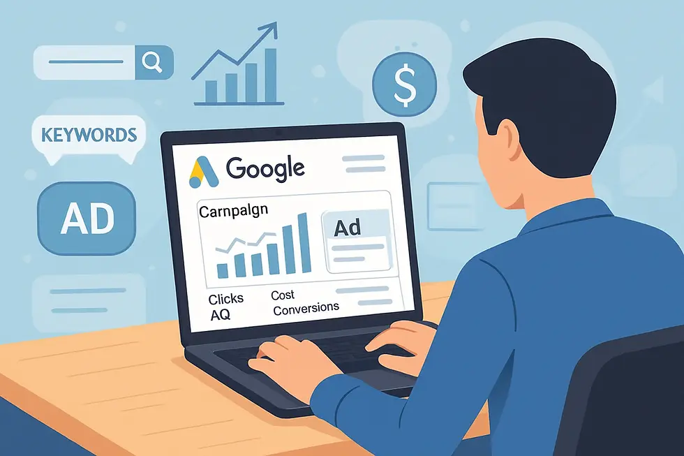 A person working on a laptop with the Google Ads dashboard open, showing campaign graphs, ad previews, and metrics like clicks, cost, and conversions, surrounded by digital marketing icons such as keywords, dollar signs, and search bars.