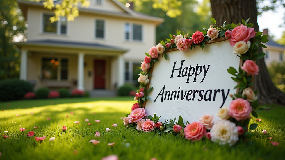 Eye-level view of a beautifully decorated yard with a large anniversary sign