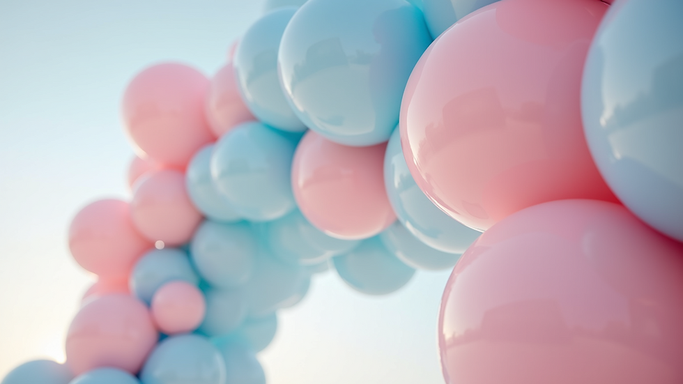 Close-up view of pastel balloon arch with pink and blue balloons