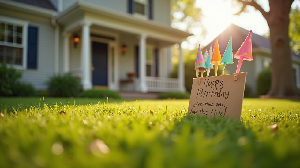 Close-up view of a yard card with birthday decorations on a suburban lawn