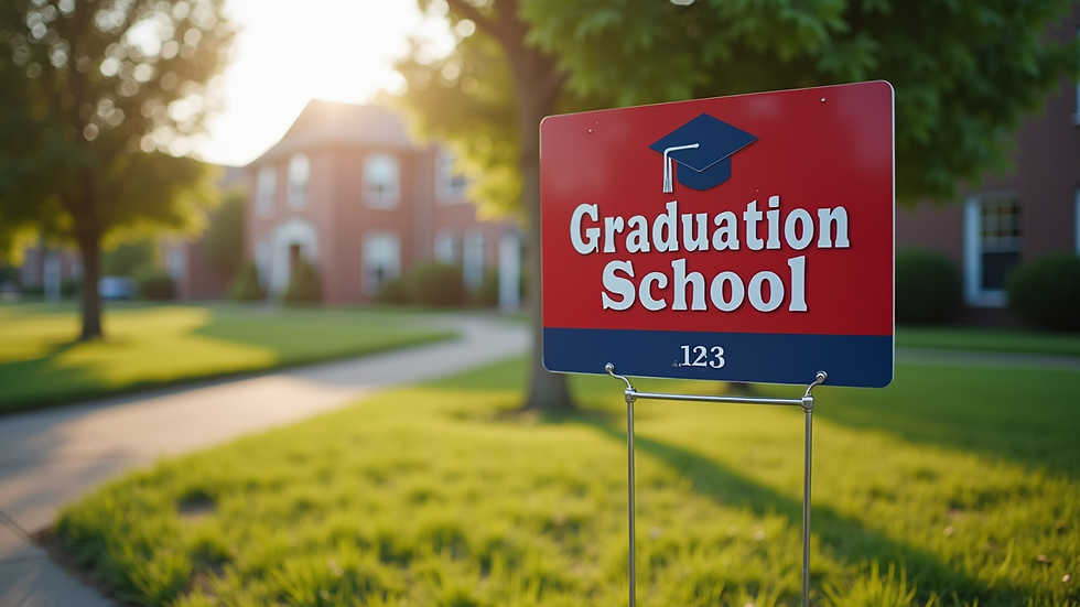 Close-up view of a graduation yard sign with school colors and name