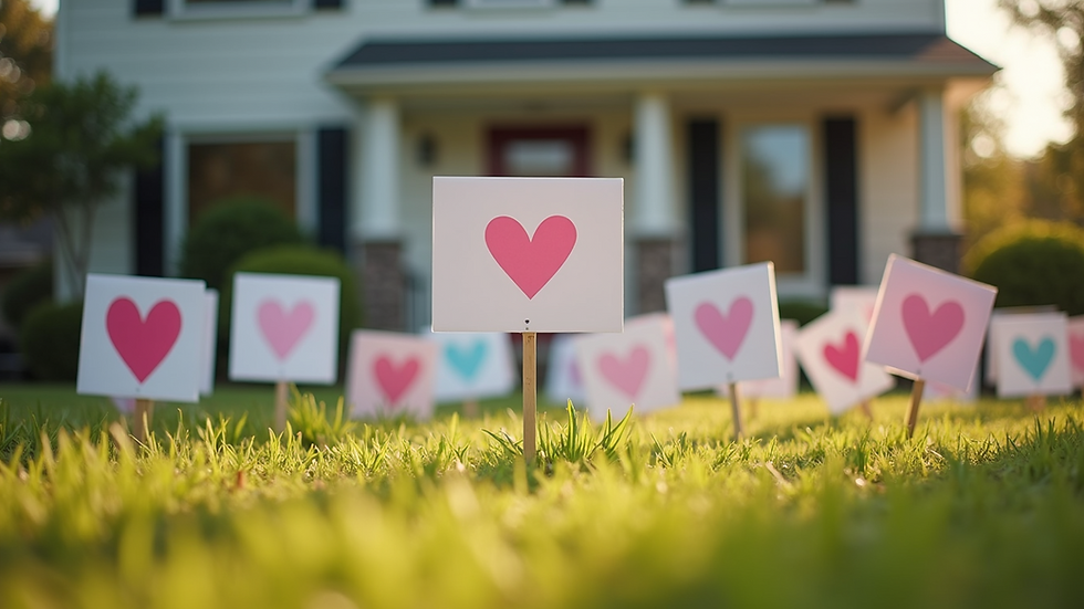 High angle view of a gender reveal party setup with yard signs and decorations