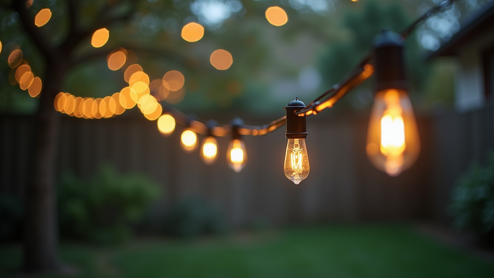 Close-up view of string lights hanging from tree branches in a backyard