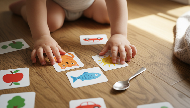 Close-up of a child arranging picture cards while practising word sounds