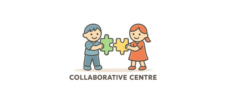Collaborative centre's logo, in the logo, there is a boy and a girl each holding a puzzle piece.