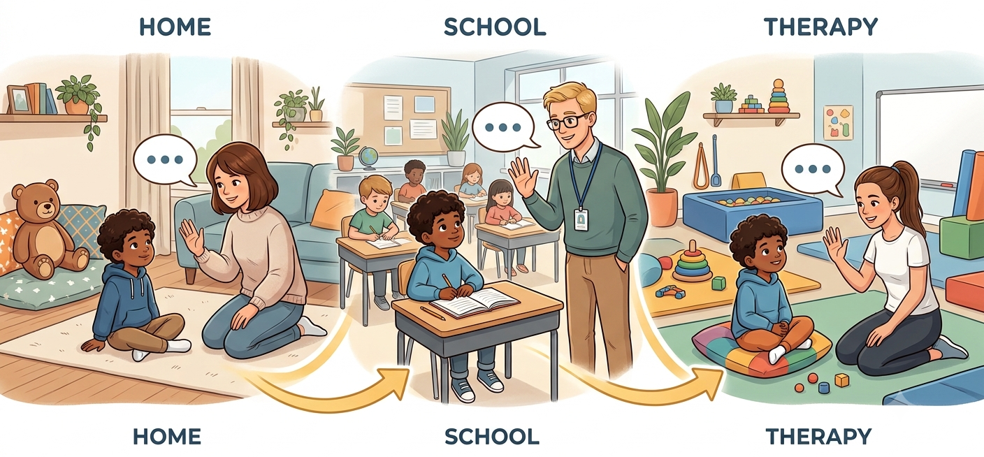 Illustration showing a child receiving consistent communication cues from a parent at home, a teacher at school, and a therapist in a clinic.