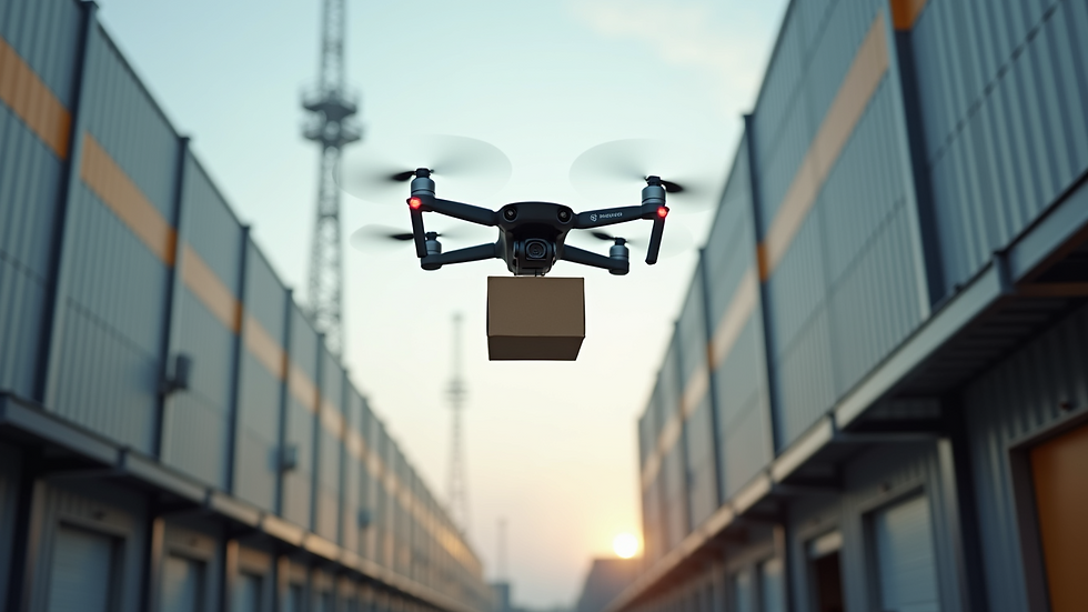 Eye-level view of a drone delivering a package in an urban environment