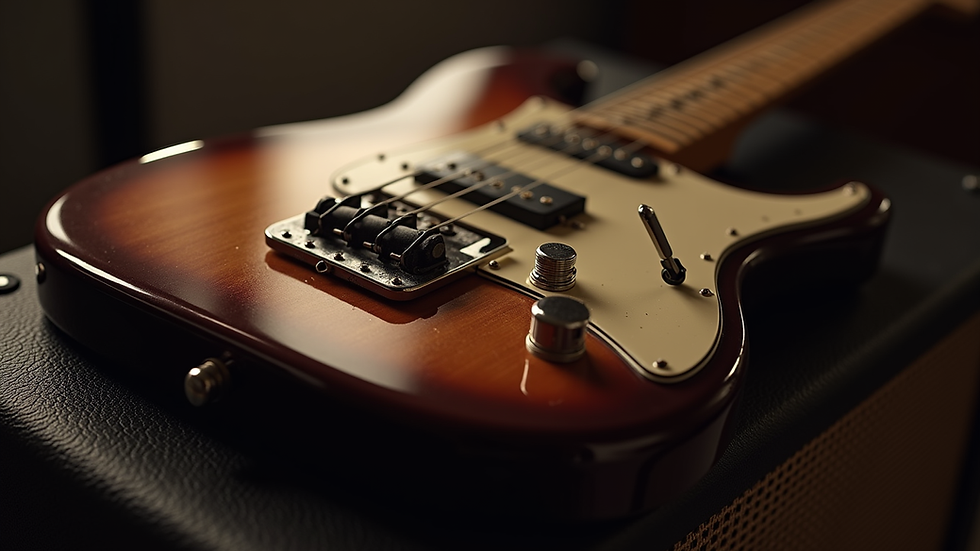 Eye-level view of a vintage electric guitar resting on an amplifier
