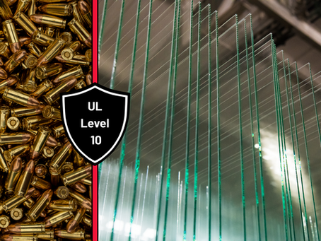 An image of bullets and bullet-resistant glass split by a red line and a black and white shield that says UL Level 10