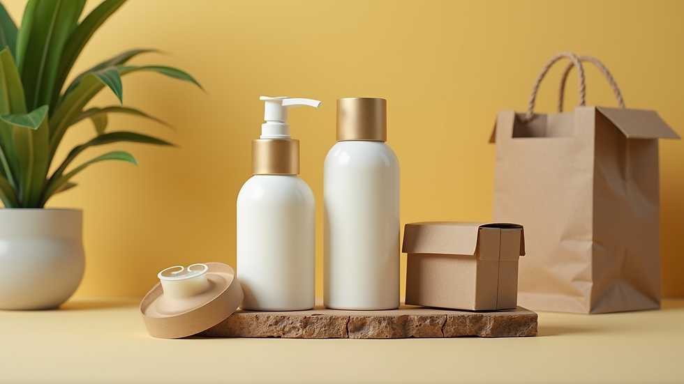 Eye-level view of eco-friendly product packaging made from recycled materials