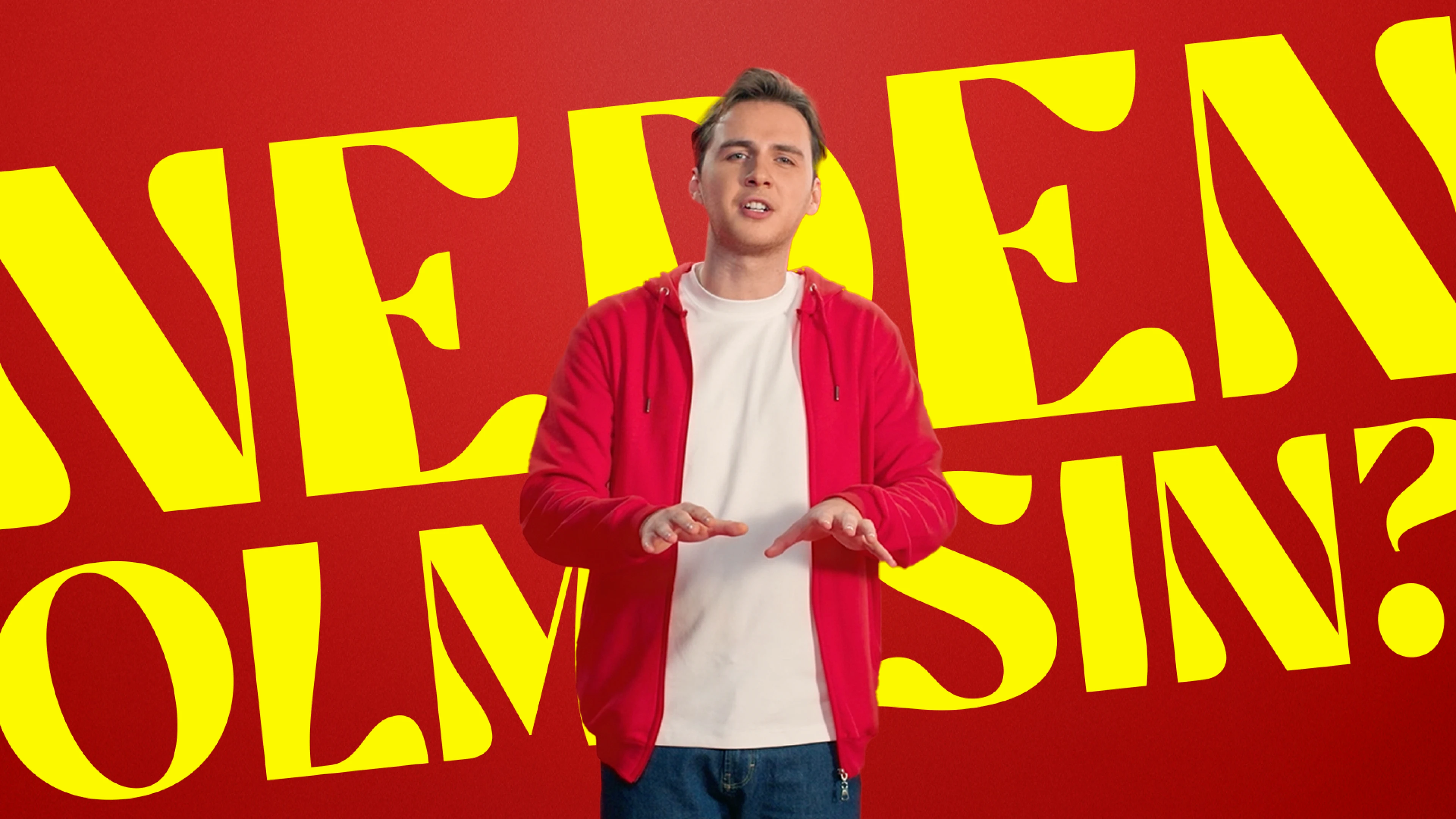 Campaign portrait and oversized typography.