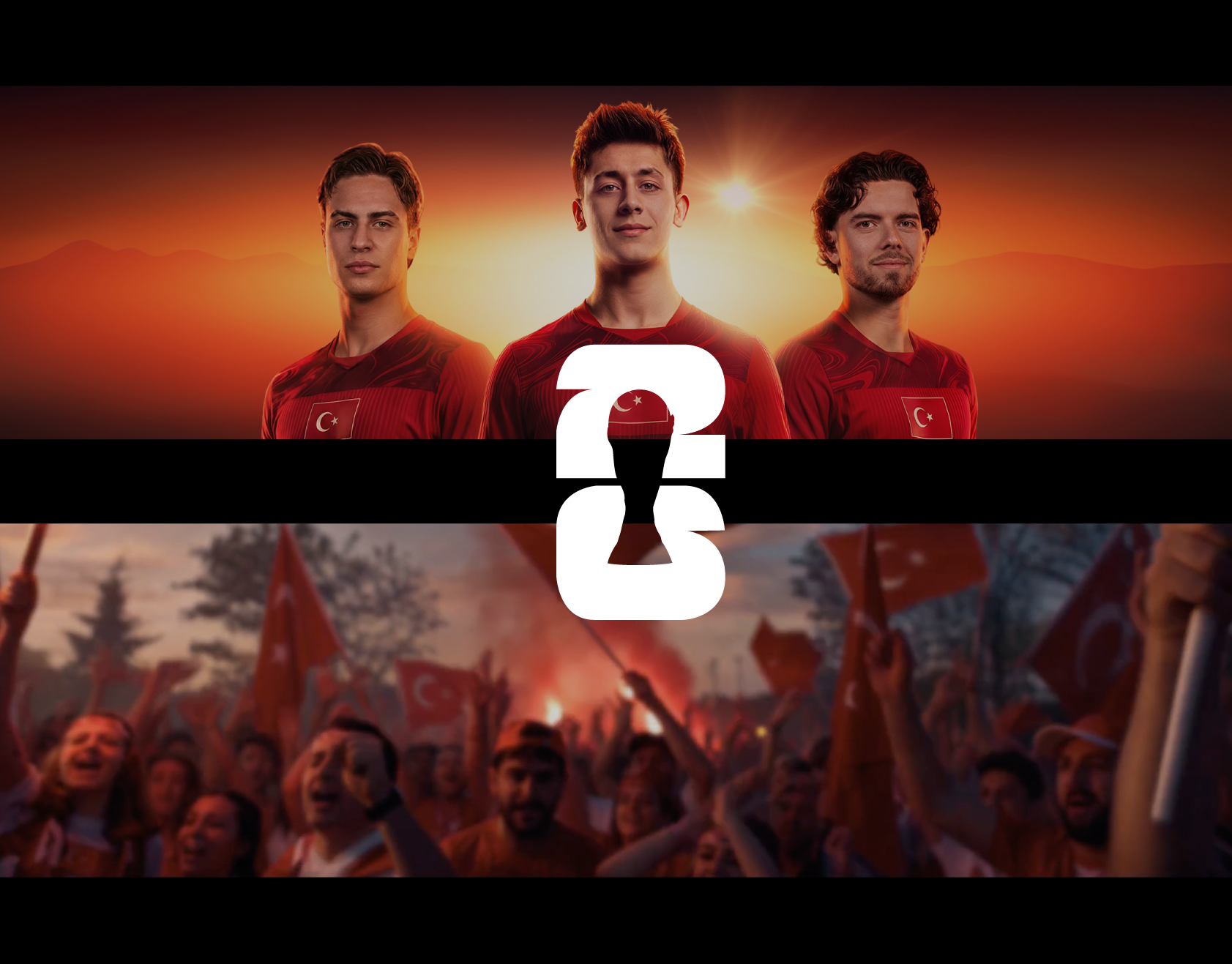 Ülker 2026 World Cup campaign: national team players, supporters and the 26 trophy symbol.