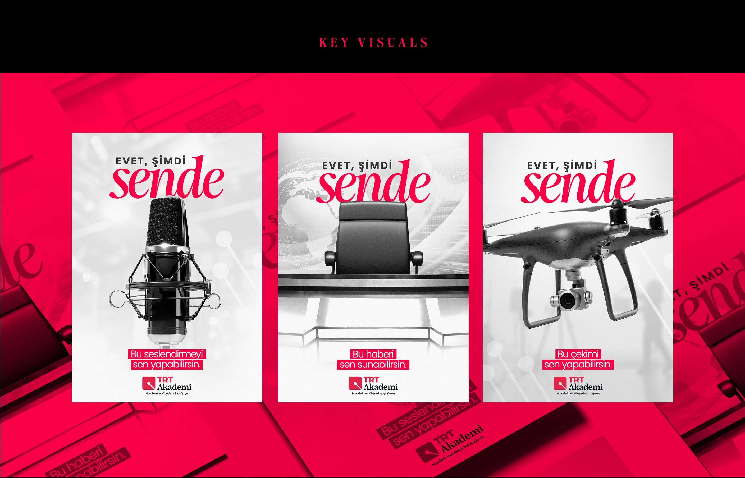 Mikrofon, stüdyo koltuğu ve drone kampanya afişleri.