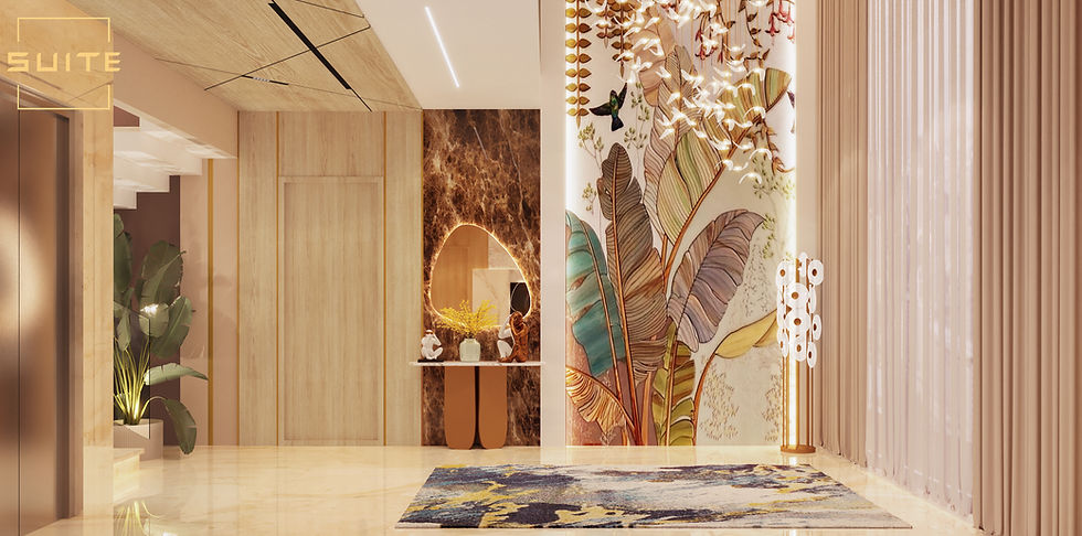 Wide angle view of a modern villa exterior with glass walls and terraces