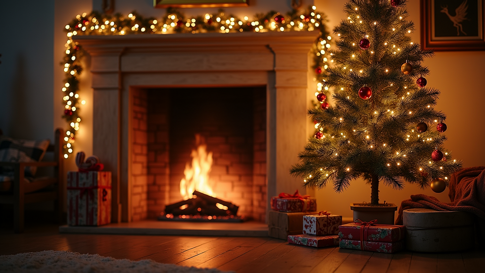 Eye-level view of a cozy fireplace with Christmas decorations
