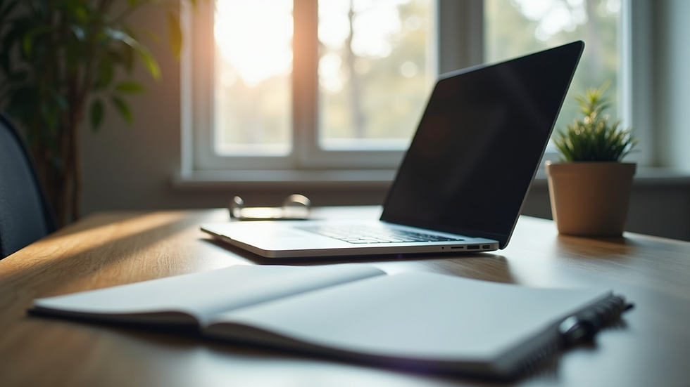 Eye-level view of a modern office desk with a laptop and notebook